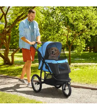 Carrito para Perros Medianos Pequeños con Cesta de Almacenaje Capota Ajustable y Ventana de Malla 111x58x107 cm Azul