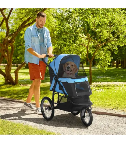 Carrito para Perros Medianos Pequeños con Cesta de Almacenaje Capota Ajustable y Ventana de Malla 111x58x107 cm Azul