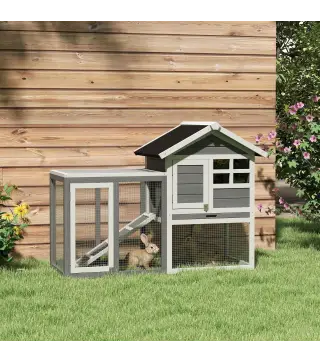 Jaula para Conejos con Zona Abierta Techo Asfáltico Bandeja Extraíble y Rampa para Exterior 123,5x62,6x92,5 cm Gris