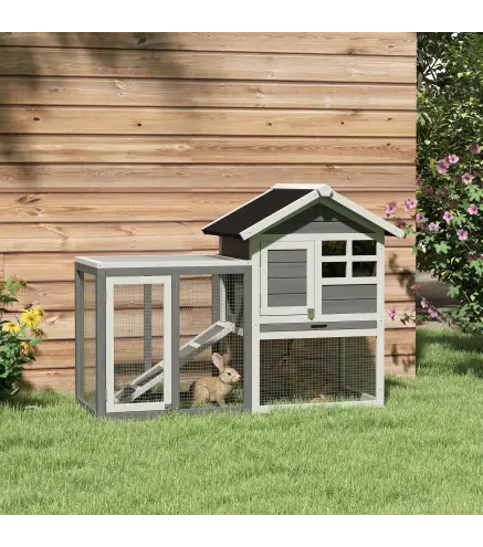 Jaula para Conejos con Zona Abierta Techo Asfáltico Bandeja Extraíble y Rampa para Exterior 123,5x62,6x92,5 cm Gris