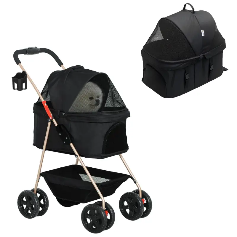 Carrito para Perros Plegable 3 en 1 con Cesta de Almacenaje Ventana de Malla y Sistema de Seguridad 76x50x102 cm Negro