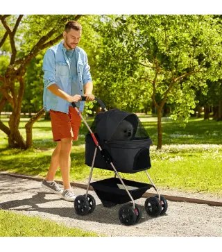 Carrito para Perros Plegable 3 en 1 con Cesta de Almacenaje Ventana de Malla y Sistema de Seguridad 76x50x102 cm Negro
