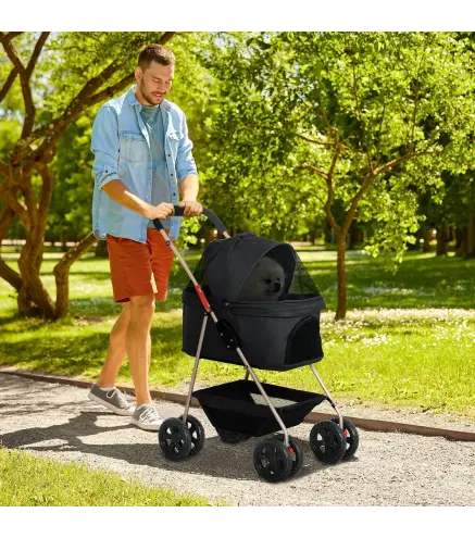 Carrito para Perros Plegable 3 en 1 con Cesta de Almacenaje Ventana de Malla y Sistema de Seguridad 76x50x102 cm Negro