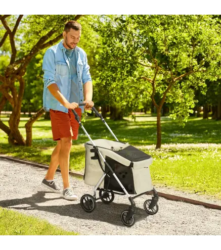 Cochecito para Mascotas Ligero y Plegable para Perros Pequeños con Ventilación Óptima 80x48,5x106 cm Caqui y Plata