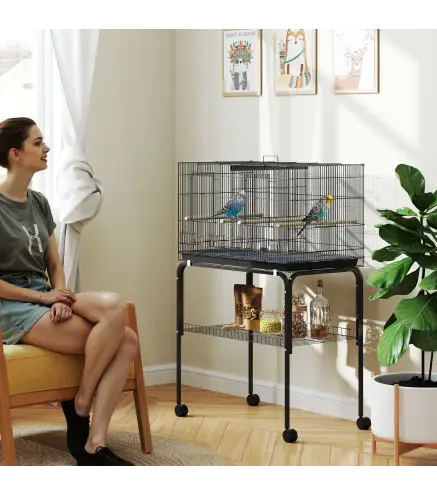 Jaula para Pájaros con Divisor Comederos Bandeja Extraíble y Soporte para Canarios y Periquitos 94x57x57/128 cm Negro