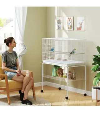 Jaula para Pájaros con Divisor Comederos Bandeja Extraíble y Soporte para Canarios y Periquitos 94x57x57/128 cm Blanco