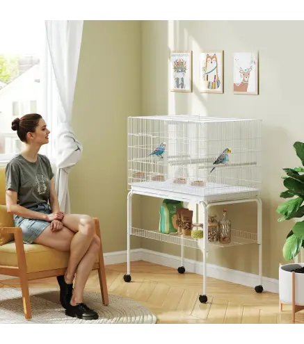 Jaula para Pájaros con Divisor Comederos Bandeja Extraíble y Soporte para Canarios y Periquitos 94x57x57/128 cm Blanco