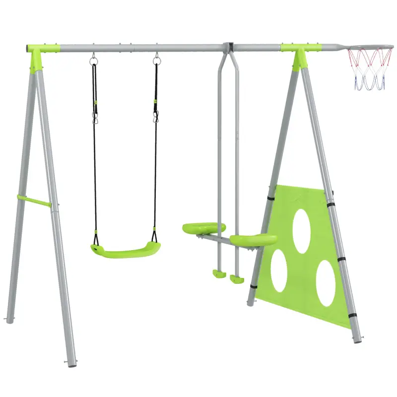 Conjunto de Columpios 4 en 1 con Planeador Canasta y Portería de Puntería para Niños de 3 a 8 Años 215x180x182 cm Verde Conjunto de Columpios 4 en 1 con Planeador Canasta y Portería de Puntería para Niños de 3 a 8 Años 215x180x182 cm Verde
