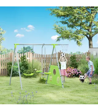 Conjunto de Columpios 4 en 1 con Planeador Canasta y Portería de Puntería para Niños de 3 a 8 Años 215x180x182 cm Verde