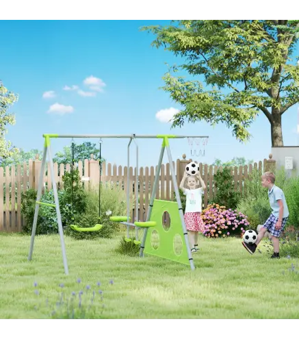 Conjunto de Columpios 4 en 1 con Planeador Canasta y Portería de Puntería para Niños de 3 a 8 Años 215x180x182 cm Verde