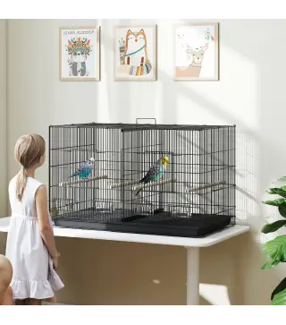 Jaula para Pájaros con Divisor 4 Comederos 4 Perchas Bandeja Extraíble para Loros Canarios Periquitos 94x57x57 cm Negro