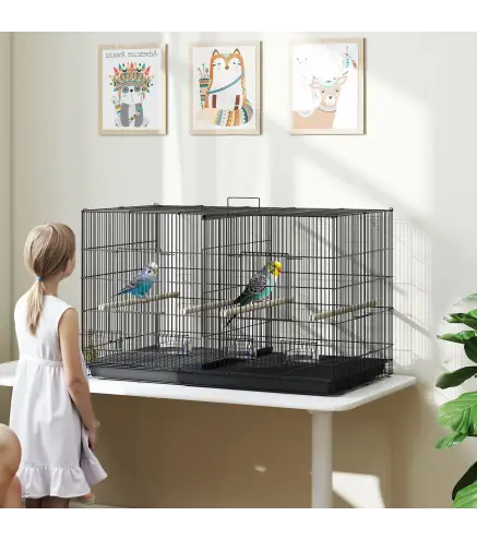 Jaula para Pájaros con Divisor 4 Comederos 4 Perchas Bandeja Extraíble para Loros Canarios Periquitos 94x57x57 cm Negro