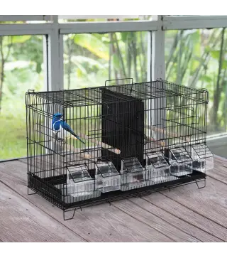 Jaula para Pájaros con Divisor Ganchos Superiores Puertas Comederos Perchas y Bandeja Extraíble 59,5x26,5x39,5 cm Negro