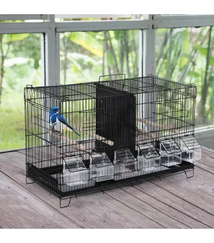 Jaula para Pájaros con Divisor Ganchos Superiores Puertas Comederos Perchas y Bandeja Extraíble 59,5x26,5x39,5 cm Negro