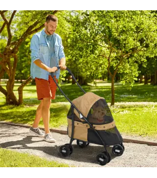 Cochecito para Perros Pequeños Plegable con Ventanas de Malla Cojín Lavable Correas de Seguridad y Marco de Acero Café