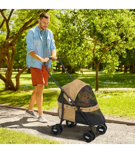 Cochecito para Perros Pequeños Plegable con Ventanas de Malla Cojín Lavable Correas de Seguridad y Marco de Acero Café