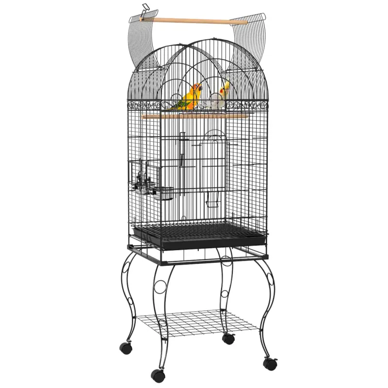 Jaula de Pájaros con Ruedas Jaula de Aves Exterior con Bandeja Extraíble Rejilla 2 Cuencos Percha 51x51x153 cm Negro