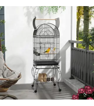 Jaula de Pájaros con Ruedas Jaula de Aves Exterior con Bandeja Extraíble Rejilla 2 Cuencos Percha 51x51x153 cm Negro