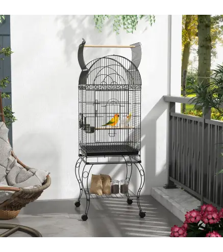 Jaula de Pájaros con Ruedas Jaula de Aves Exterior con Bandeja Extraíble Rejilla 2 Cuencos Percha 51x51x153 cm Negro