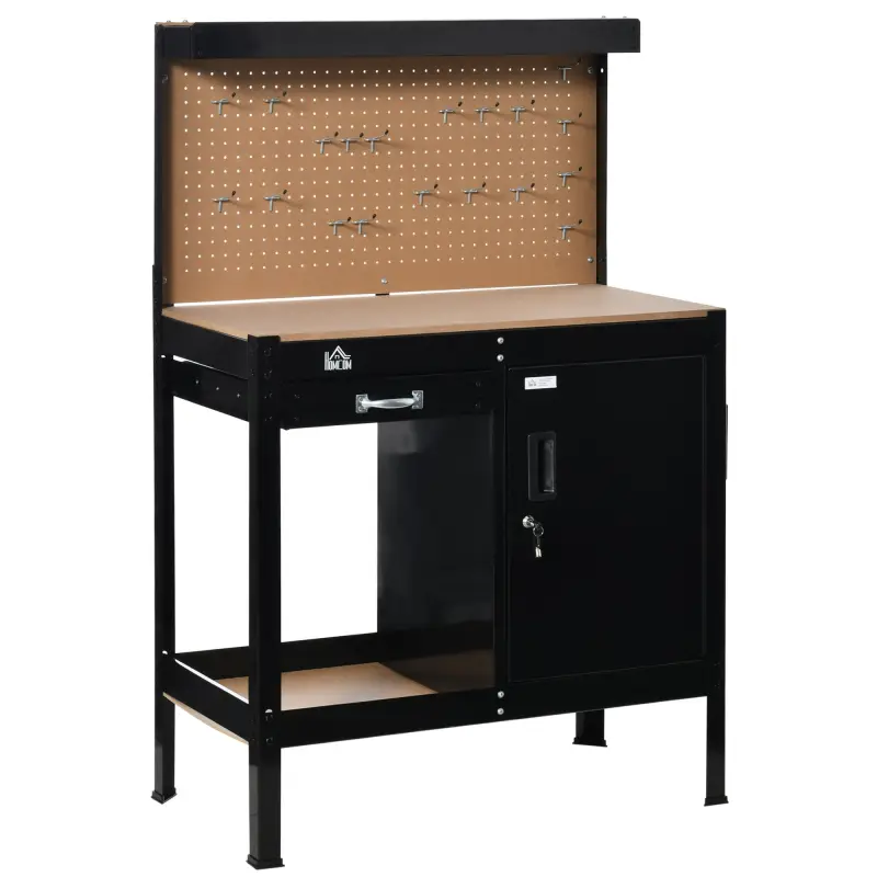 Banco de Trabajo con Panel Perforado Cajón Estante y Armario con Cerradura para Taller o Hogar 98,5x48x140 cm Negro