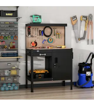 Banco de Trabajo con Panel Perforado Cajón Estante y Armario con Cerradura para Taller o Hogar 98,5x48x140 cm Negro