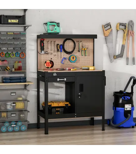 Banco de Trabajo con Panel Perforado Cajon Estante y Armario con Cerradura para Taller o Hogar 98,5x48x140 cm Negro