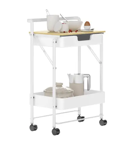 Carrito Auxiliar con Ruedas de 2 Niveles con Cajón Encimera y Cesta de Rejilla para Dormitorio Baño Cocina Blanco