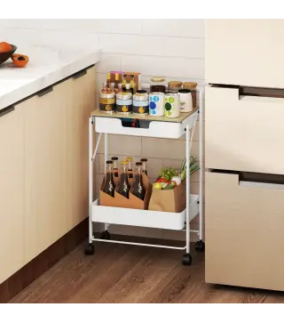 Carrito Auxiliar con Ruedas de 2 Niveles con Cajón Encimera y Cesta de Rejilla para Dormitorio Baño Cocina Blanco