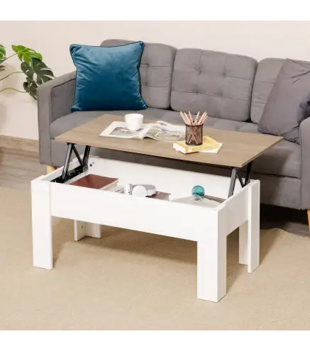 Mesa de Centro Elevable con Encimera Elevable con Espacio Oculto de Almacenaje 100x50x45-58,5 cm Blanco y Natural