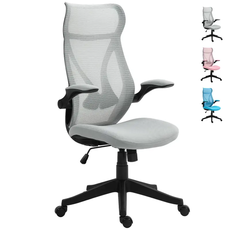 Silla de Oficina Giratoria con Altura Ajustable Reposabrazos Abatibles y Función de Basculante Carga 120 kg Gris Claro