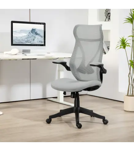Silla de Oficina Giratoria con Altura Ajustable Reposabrazos Abatibles y Función de Basculante Carga 120 kg Gris Claro