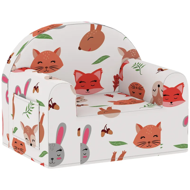 Sillón Infantil con Estampado de Zorros Sofá para Niños de 18-36 Meses con Funda Extraíble y Bolsillo 54x40x43 cm Blanco