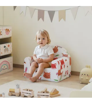 Sillón Infantil con Estampado de Zorros Sofá para Niños de 18-36 Meses con Funda Extraíble y Bolsillo 54x40x43 cm Blanco