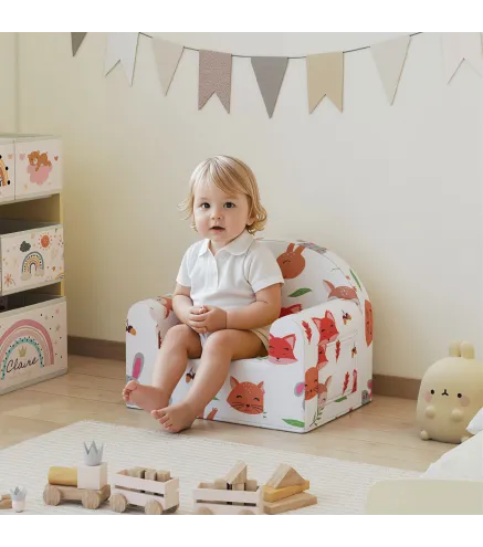 Sillón Infantil con Estampado de Zorros Sofá para Niños de 18-36 Meses con Funda Extraíble y Bolsillo 54x40x43 cm Blanco