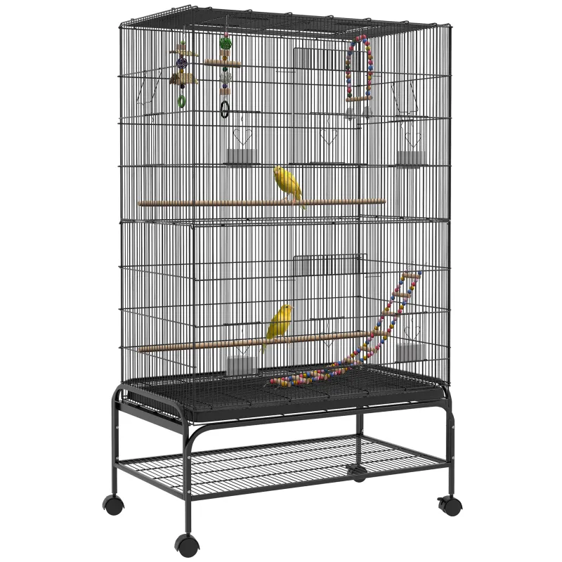Jaula para Pájaros con Ruedas Comederos Perchas Bandeja Extraíble y Estante Inferior 97x58x160 cm Negro Jaula para Pájaros con Ruedas Comederos Perchas Bandeja Extraíble y Estante Inferior 97x58x160 cm Negro