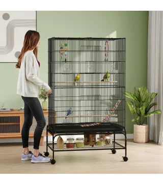 Jaula para Pájaros con Ruedas Comederos Perchas Bandeja Extraíble y Estante Inferior 97x58x160 cm Negro