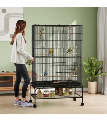 Jaula para Pájaros con Ruedas Comederos Perchas Bandeja Extraíble y Estante Inferior 97x58x160 cm Negro