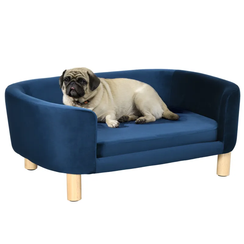 Sofá para Perros Pequeños con Patas de Madera Funda Lavable y Cojín Desmontable 86x55x33 cm Azul