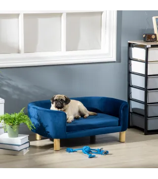 Sofá para Perros Pequeños con Patas de Madera Funda Lavable y Cojín Desmontable 86x55x33 cm Azul