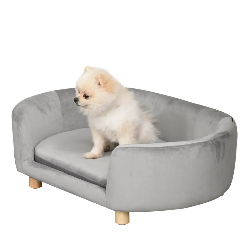Sofá para Perros Pequeños con Patas de Madera Funda Lavable y Cojín Desmontable 86x55x33 cm Gris Claro