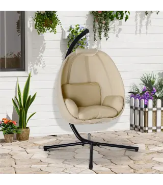 Silla Colgante Huevo con Soporte con Cesta Plegable Cojín para Interior o Exterior Carga 120 kg Caqui