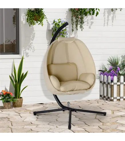 Silla Colgante Huevo con Soporte con Cesta Plegable Cojín para Interior o Exterior Carga 120 kg Caqui
