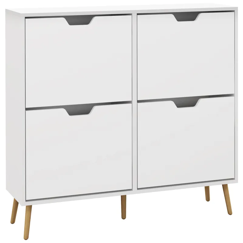 Zapatero Estrecho con 4 Cajones Abatibles y Patas de Madera Mueble Zapatero para 16 Pares 95x26x95 cm Blanco