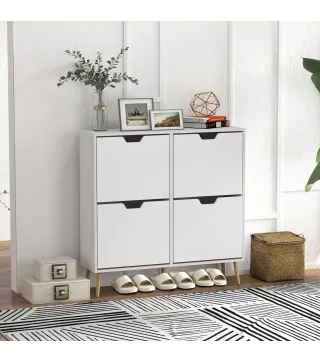 Zapatero Estrecho con 4 Cajones Abatibles y Patas de Madera Mueble Zapatero para 16 Pares 95x26x95 cm Blanco