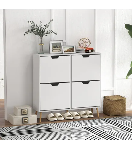 Zapatero Estrecho con 4 Cajones Abatibles y Patas de Madera Mueble Zapatero para 16 Pares 95x26x95 cm Blanco