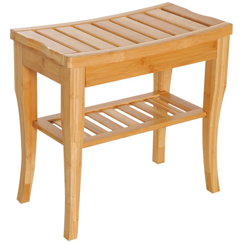 Taburete de Baño de Bambú con Estante Banco de Baño Impermeable y Robusta para Salón SPA 47,5x26x44,5 cm Natural