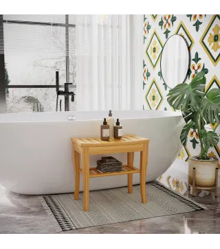 Taburete de Baño de Bambú con Estante Banco de Baño Impermeable y Robusta para Salón SPA 47,5x26x44,5 cm Natural