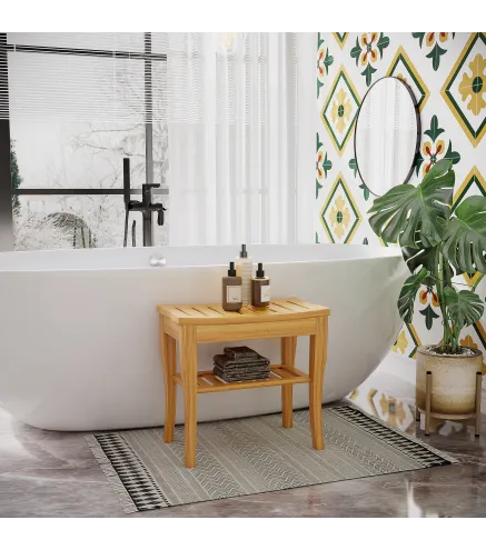 Taburete de Baño de Bambú con Estante Banco de Baño Impermeable y Robusta para Salón SPA 47,5x26x44,5 cm Natural