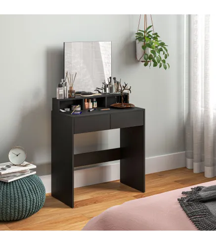 Mesa de Maquillaje con Espejo 2 Cajones 3 Compartimentos Tocador para Dormitorio 75x38x135 cm Negro