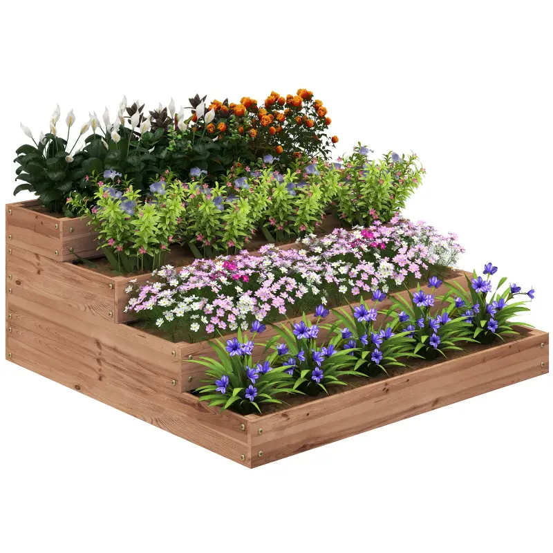 Jardinera de Madera Elevada de 4 Niveles con Diseño de Escalera para Cultivos Plantas Flores 113x113x46 cm Café Oscuro
